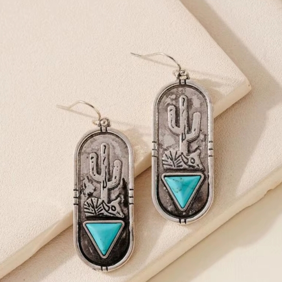 Turquoise and Silver Cactus Earrings - Picture 3 of 7